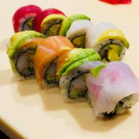 Rainbow Roll · California roll. Topped with assorted fish avocado & tobikos. Raw.