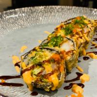 1635 Roll  · Deep fried roll with white fish, avocado, kani, asparagus inside, topped with tobiko, scalli...