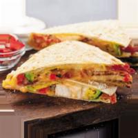 Stuffed Quesadilla · Grilled ﬂour tortilla stuffed with chicken, bacon, avocado, cheese, pico, and a chipotle sau...