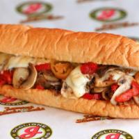 The Works Cheesesteak · Steak or chicken, grilled onion, mushrooms, hot cherry peppers and American cheese.