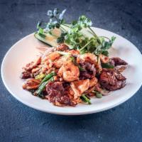 H5. Mongolian Triple · Shrimp, beef and chicken. Hot and spicy.