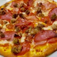 Meat Lovers Pizza · Pepperoni, Canadian bacon, salami, sausage, beef meatballs, real bacon, tomato sauce.