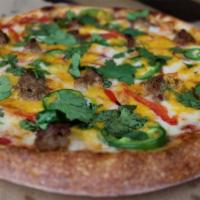 Mexican Pizza · Beef meatballs, red onions, red peppers, cilantro, fresh jalapenos, yellow cheddar cheese, t...