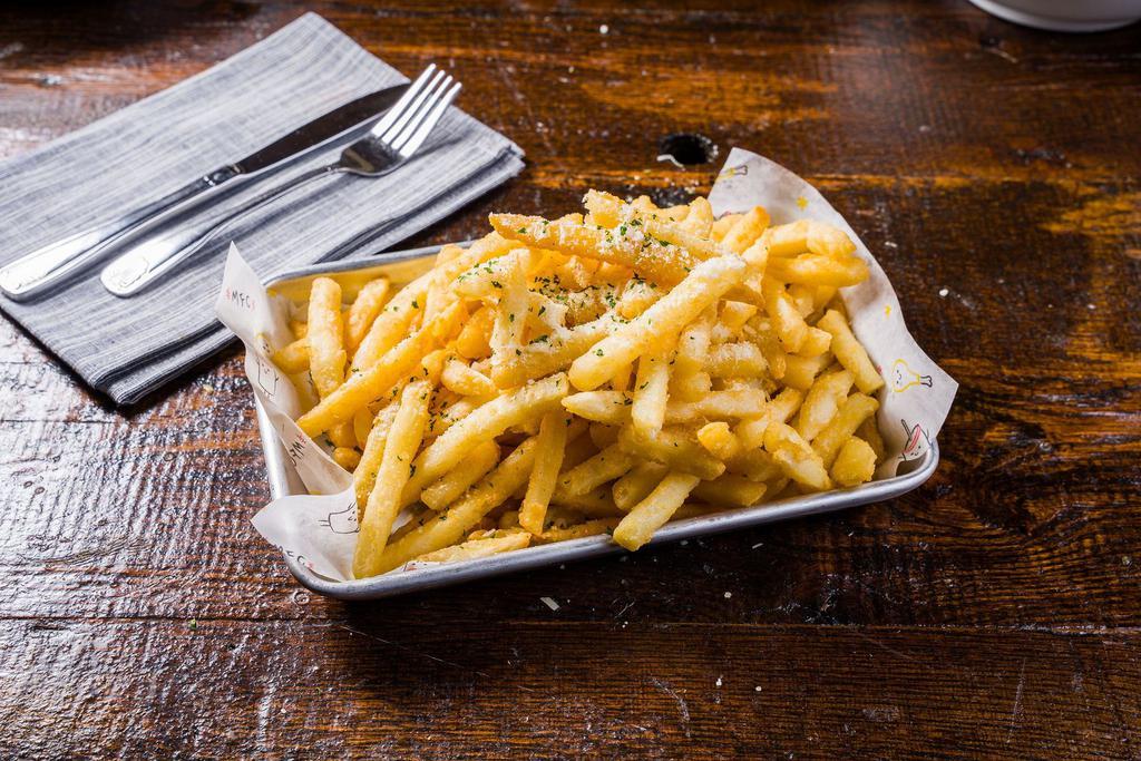 Parmesan Truffle Fries · Deep fried fries topped with Parmesan cheese, garlic and
parsley served with spicy mayo and ketchup.