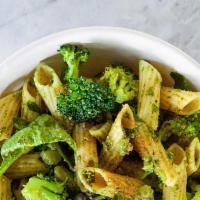 Spinach Broccoli Penne Pasta · Single origin, ancient grain pasta, bronze cut in Italy. Penne pasta, kale pesto, spinach, b...