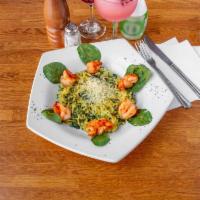 Creamy Spinach Risotto with Shrimp · Shrimp, spinach, Parmesan cheese, white wine and heavy cream.