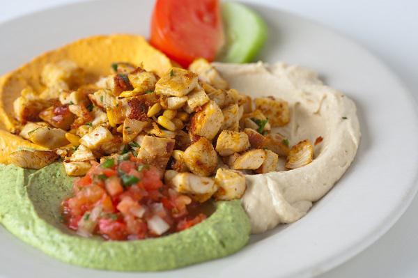 Hummus with Grilled Chicken · grilled marinated all-natural chicken breast, choice of hummus, toasted pine nuts and pita.