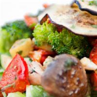 Wood-Fired Vegetable Salad · Broccoli, cauliflower, eggplant, zucchini, yellow squash, mushrooms, tomatoes, carrots, garl...