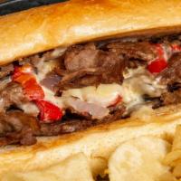 Manhattan Cheesesteak Sandwich · On long roll with grilled steak, roasted pepper, grilled onions and cheese. Served with pick...