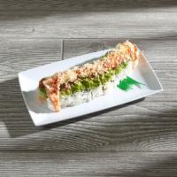 Linsanity Roll · Asparagus, cucumber, crab delight, green onion, top with slice avocado, jalapeno, spicy tuna...
