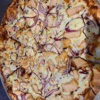 BBQ Chicken Pizza · Sweet hickory smoked BBQ sauce, grilled all white meat chicken and savory red onions.