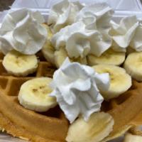 Banana Nutty Waffle · Topped with fresh banana slices and baked with walnuts.