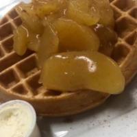 Apple Pie Waffle · Topped with apple cinnamon sauce, baked with raisins, and walnuts.