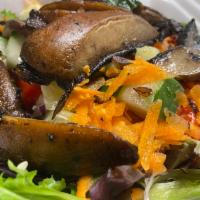 Portobello Salad · California spring mix, tomatoes, cucumbers, onions, carrots, sauteed portobello mushrooms, r...