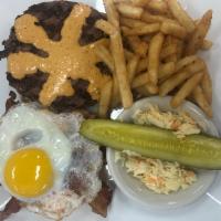 Chipotle Burger Specialty · 8 oz. beef burger with bacon, red onions, fried egg cup, with cheddar cheese and chipotle ma...