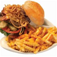 Cowboy Burger Specialty · 8 oz. beef burger with crispy onions, cheddar, bacon, lettuce, and tomato.