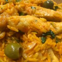 Arroz con Pollo · Chicken and rice stew with onions, tomatoes, red peppers & Spanish olives