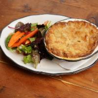  Chicken Pot Pie · Double crusted pot pie, carrots, potatoes, onions - served with mixed green salad and house ...