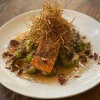 Seared Salmon · apple cider glazed salmon, roasted brussels sprouts, fried leeks and spicy pecans