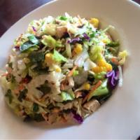 Southwest Chicken Salad · Red peppers, sun-dried tomatoes, corn, pepper jack, cilantro, blue corn tortilla chips, chop...