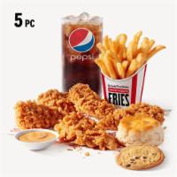 5 pc. Tenders Combo · 5 Extra Crispy Tenders, 1 side of your choice, a biscuit, your choice of a dipping sauce, a ...