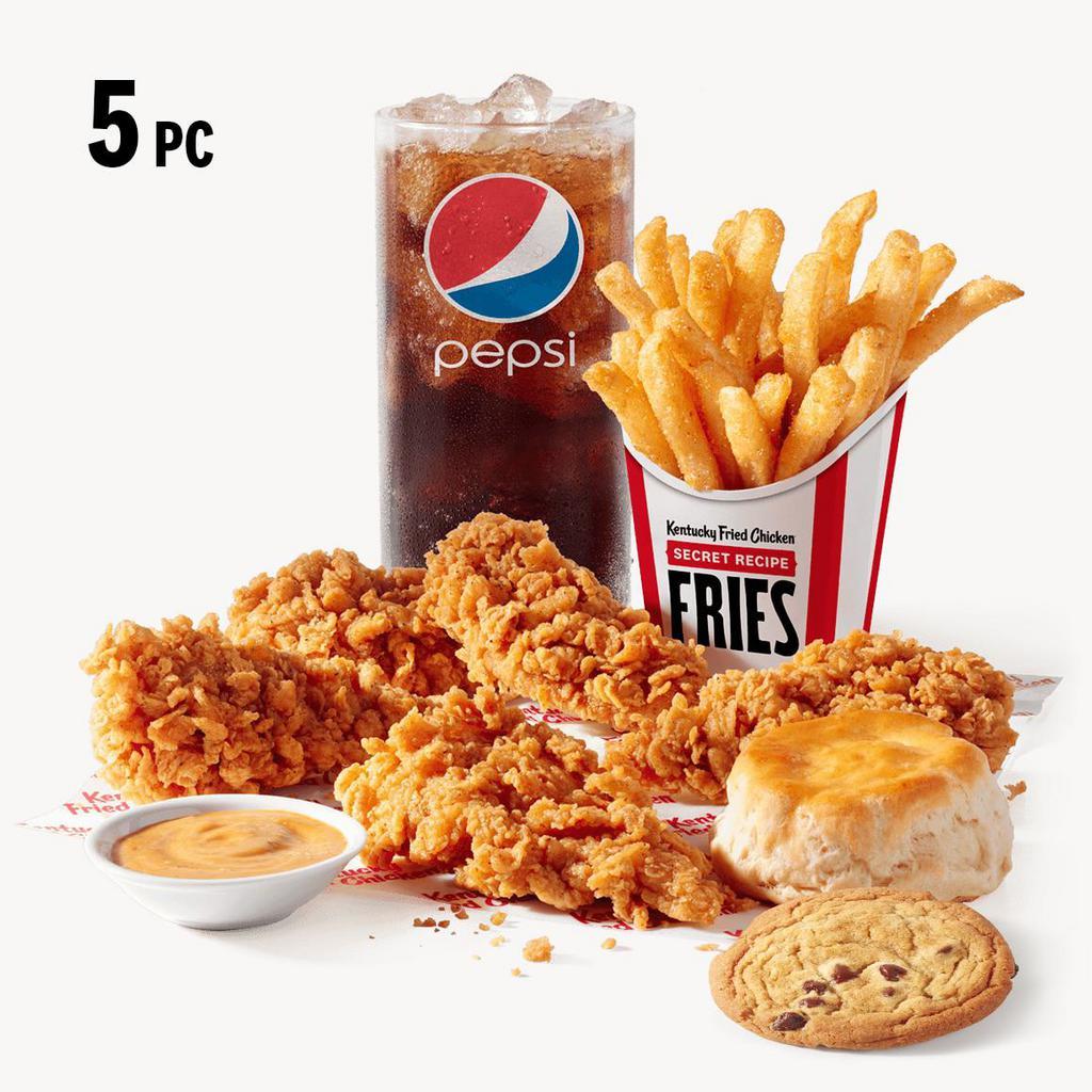 5 pc. Tenders Combo · 5 Extra Crispy Tenders, 1 side of your choice, a biscuit, your choice of a dipping sauce, a cookie, and a medium drink.