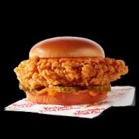 Spicy Chicken Sandwich · An extra crispy filet with premium pickles, spicy mayo, on a brioche-style bun, with a dippi...