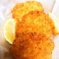 3 Piece Handmade Crab Cakes · Fish cake made from crab.