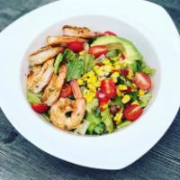 Shrimp Avocado Salad · Grilled shrimp, romaine lettuce, corn salsa, cherry tomatoes and avocado tossed in balsamic ...