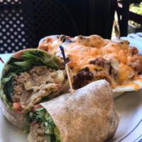 Turkey Burger Wrap · Turkey, sauteed onion, hot pepper cheese, romaine lettuce, tomatoes, and guacamole in a tort...