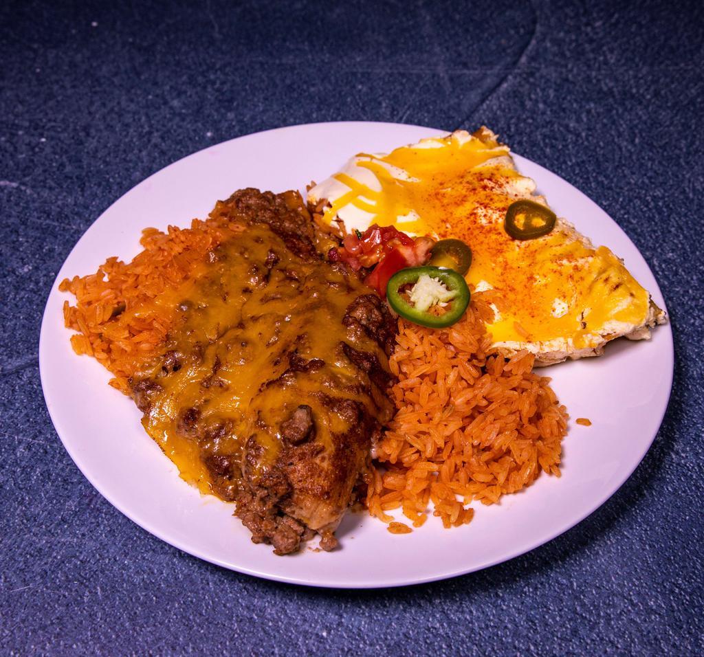 1. Herrera's Mexican Dinner · 1 cheese enchilada, 1 tamale, 1 beef taco, 1 bean tostada, rice and beans.