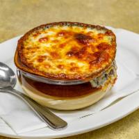 Crock of French Onion Soup · Served with melted mozzarella cheese.