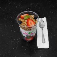 Yogurt Fruit Parfait · Low Fat Vanilla Yogurt, Strawberries, blueberries, grapes and granola!