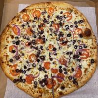 The Greek Pizza · Shredded mozzarella, tomatoes, red onions, Kalamata olives, feta and oregano.