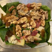 House Salad · Spinach, bacon, pears, caramelized onions, walnuts, Gorgonzola and balsamic vinaigrette.