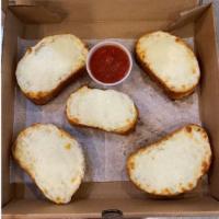 Cheesey Garlic Bread · 5 one inch thick slices of garlic bread, topped with fresh Mozzarella chesses, and baked to ...