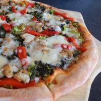 Vegetarian Pizza (8 Slices) · Broccoli and spinach with roasted peppers, mushrooms, mozzarella cheese and tomato sauce.