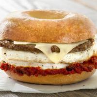 Skinny Zesty Egg White Sandwich · Egg whites, turkey sausage, Swiss cheese and sun-dried tomato spread on a skinny Everything ...