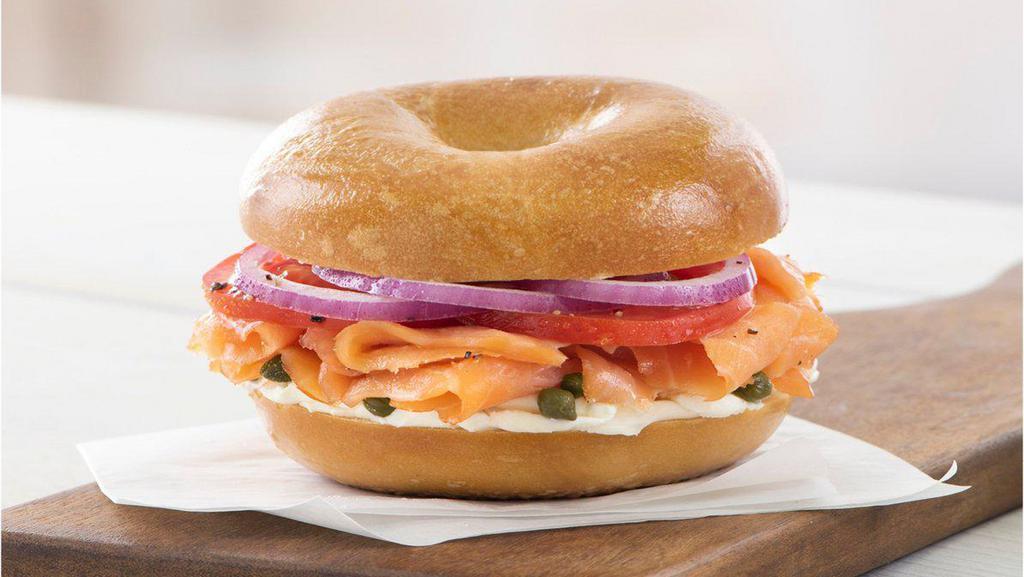Smoked Salmon Sandwich · Smoked salmon, Plain cream cheese, tomato, red onions and capers.