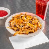 Curve Ball · Fries topped with chicken, green chile and cheese. Add bacon for an additional charge.