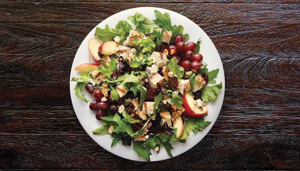Nutty Mixed-Up Salad · Grilled, 100% antibiotic-free chicken breast, organic field greens, grapes, feta, cranberry-walnut mix, organic apples and balsamic vinaigrette. Gluten-sensitive.