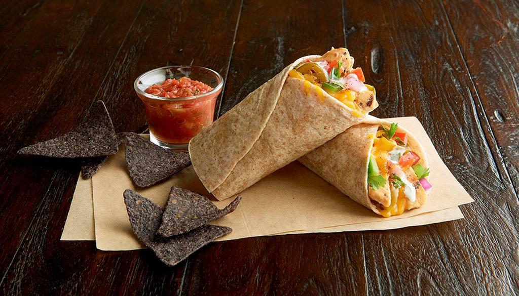 Ranchero Wrap · Grilled, 100% antibiotic-free chicken breast, cheddar, jalapenos, pico de gallo, Southwest spices, ranch dressing, toasted organic wheat wrap, blue corn chips with salsa.