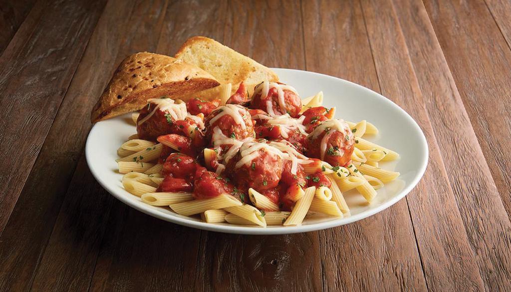 Penne Pasta and Meatballs · Penne pasta, meatballs, marinara and Asiago.