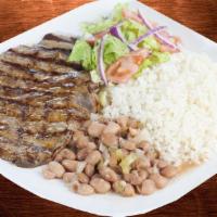 Steak Lunch Special · Served with  Grilled steak , rice, beans,  salad  and soup of the day