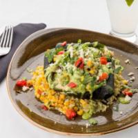 Relleno de Camarones · Shrimp, Monterey jack, vegetable and mushroom stuffed roasted green chili, with avocado, roa...