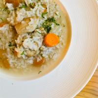 Chicken & Rice Soup · (aka Canja de Galinha) Grandma's Recipe! Chopped organic thighs, carrots, onions & parsley.