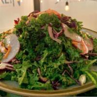 Kale Salad · Red cabbage, carrots, pickled red onions,  red radishes, roasted cashews, dried cranberries ...