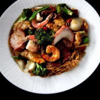 Hong Kong Noodles · Shrimp, chicken, roast pork, sliced beef and mixed vegetables tossed with thin Hong Kong noo...