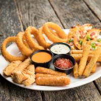 Native Combo Plater · Great for sharing! Native strippers, onion rings, mozzarella sticks, zucchini sticks, and po...