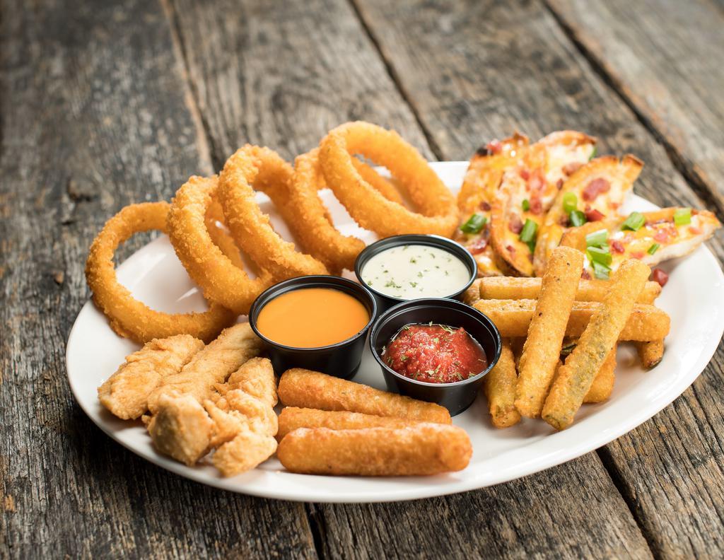 Native Combo Plater · Great for sharing! Native strippers, onion rings, mozzarella sticks, zucchini sticks, and potato skins. Served with jalapeño ranch dressing, marinara sauce and your choice of wing sauce for dipping!